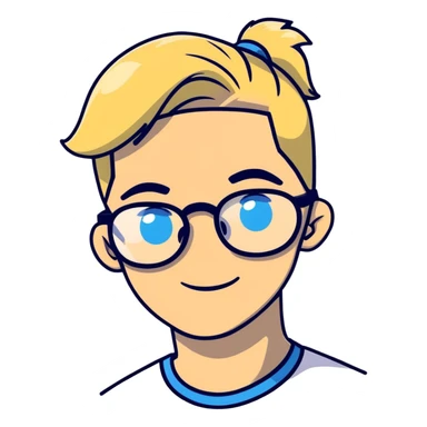 Man with blonde ponytail, round glasses and blue eye sticker