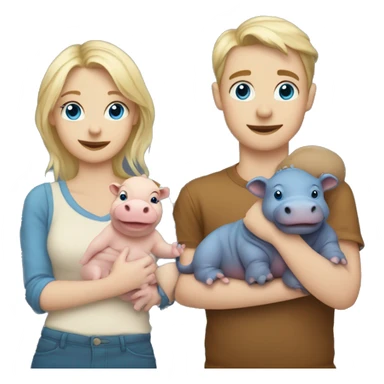 blonde girl with blue eyes holding tea in one hand and holding hands with brunette boy with blue eyes holding a baby hippo in his other arm sticker