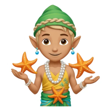 elf male Sarong with bioluminescent embroidery, armful of starfish, hair in a braid with pearl pins. sticker