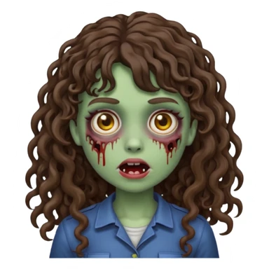 Emoji garota zombie com cabelo castanho escuro cacheado longo com franja cacheada sem volume sticker