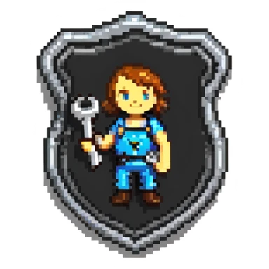 Shield-shaped badge with pixel art person holding car wrench key, colorful IT support design sticker