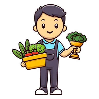 Happy gardener with trophy and prize vegetables sticker
