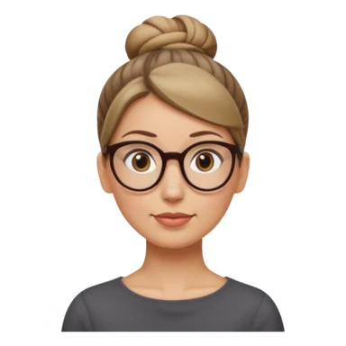 femme de 38 ans avec des cheveux tirés vers l'arrière blond foncé sans mèche devant, un chignon haut, yeux bruns, lunettes rondes, visage ovale sticker