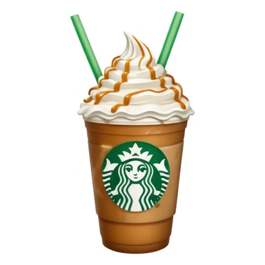 A 3D cartoon Starbucks Frappuccino cup with whipped cream and caramel drizzle, frosty texture, green straw, transparent cup with logo, soft cool lighting, Memoji-style. sticker