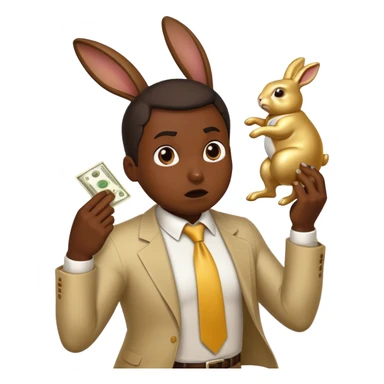 Create an emoji of a desperate entrepreneur sweating and chasing a golden rabbit holding a dollar bill. The rabbit is always slightly ahead, impossible to catch. The character looks frustrated, exhausted, and stuck in an endless race sticker