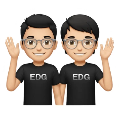 2 boys both wearing black t-shirts with the letters EDG, one wearing silver rectangular glasses, black hair, smiling; the other with black hair smiled brightly sticker