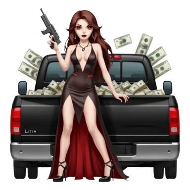 Lilith symbol red eye seductress evil long brown haired sexy succubus woman with leather long dress with slit, sitting in Big Large F350 pickup truck. Black Platform high heels on feet. Back of truck full of stacks of cash, sitting behind her is  a human skull with a gun in other hand sticker