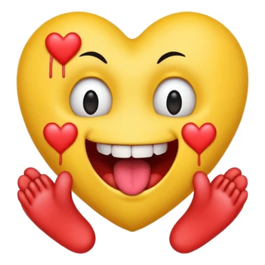 yellow emoji face holding a heart and hes so happy with so happy with teeth and tongue and toes growing out of the top of its head. his eyes have been plucked out and are now eyeless sockets. no eyes. emo hair sticker