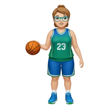 Full Body plus size white female basketball player with short light brown hair with carmel highlights spike hair wearing blue glasses  wearing blue green uniform  green sneakers smiling  sticker