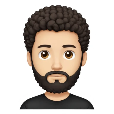young man with light skin, thick curly dark hair, full beard, neutral expression, plain black t-shirt, front-facing, minimalistic, simplified features, clean lines, flat design sticker