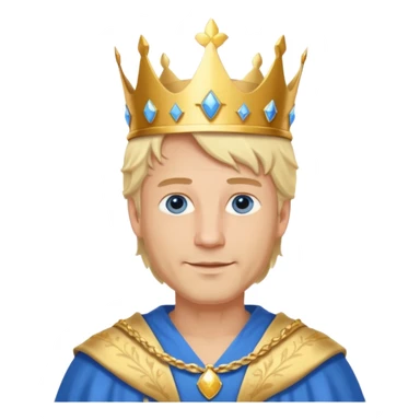 
1 Middle-aged white king, 40 years old, blond hair, blue eyes, kind and benevolent vibe, gentle smile, wearing a crown and blue robe emoji sticker