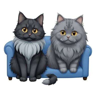 A large black smoke Maine Coon cat with long grey ear tufts and a fluffy grey ruff, sitting next to a chubby British Shorthair cat in blue color with plush fur, both sitting comfortably on a sofa. Beautiful room background with flowers and soft lighting. Transparent background. sticker