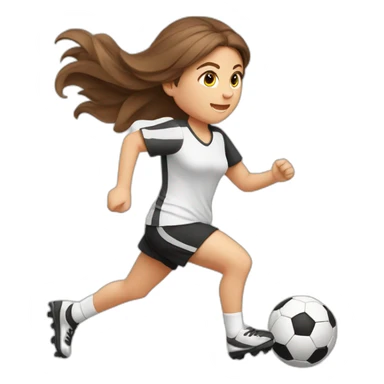 Caucasian girl with brown long hair running with a soccer ball wearing White short and black shorts sticker