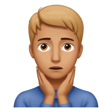 A person with their hands around there neck with a worried face sticker