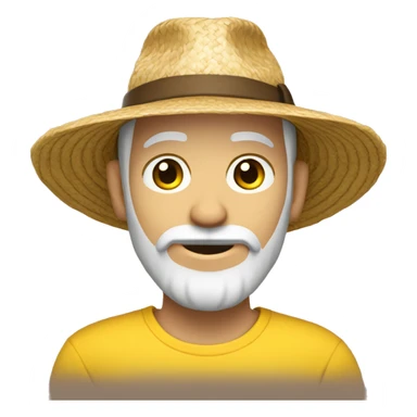 man with a brown beard and white skin colour, wearing a straw hat and a yellow t-shirt sticker