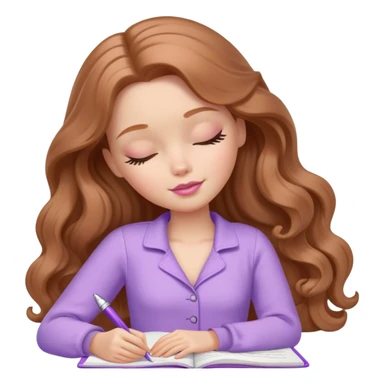White Barbie girl Chestnut long wavy hair sleeping with In lavender clothes, he writes in a notebook sticker