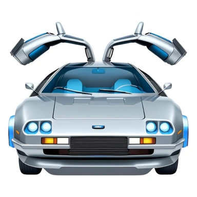 Retro-futuristic hover car inspired by the DeLorean, gullwing doors, silver metallic body with blue-tinted windows, stylized jet boosters in the back, flat vector style, outlined shapes, minimal design sticker