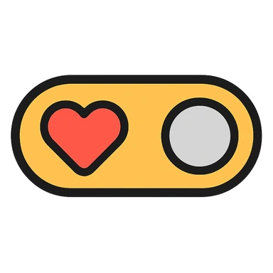 toggle switch minimal style on white background with big red heart on the left and gray circle on the right off position, rounded corners, simple and modern sticker