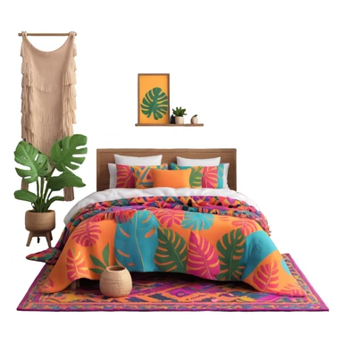modern boho bedroom with monstera plants, colorful textured rugs, and piles of cozy blankets sticker