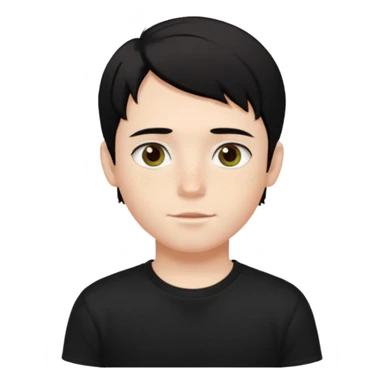 A beautiful boy with black hair and hazel green and brown eyes and white skin , with dark freckles and black t shirt with HAIRCUT: middle part hair hair with a center part haircut  sticker