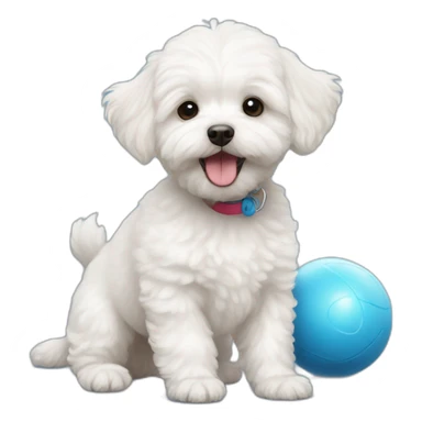 white maltipoo dog playing with a blue ball sticker