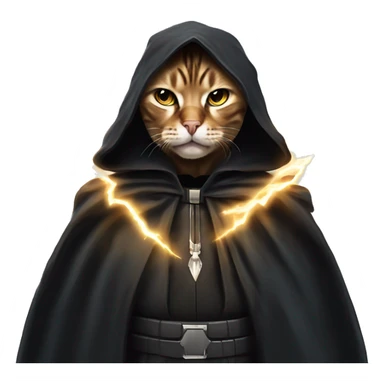 Bengal cat styled like Emperor Palpatine in the 'unlimited power' scene. a menacing expression, dark cloak, and lightning bolts coming out of its paws. intense eyes and powerful gestures sticker