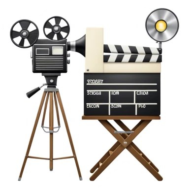 Icon for Directing: a director's chair, a film clapperboard, large movie camera, vintage megaphone and a stage with a spotlight. The icon should represent the creative and organizational aspects of directing, with focus on storytelling, staging, and performance. Transparent background. sticker