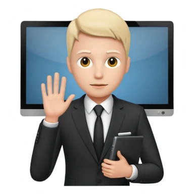  A person that has a computer screen as its head and is wearing a suit sticker