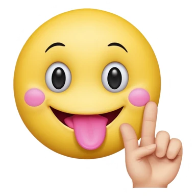 The image is a digital illustration of a yellow smiley face with big, round eyes and a big smile. The face is holding a pink tongue sticking out and making a 67 with its fingers. Above the face, The background is white. Like this but get rid of the text but make the hands do the numbers 67 sticker