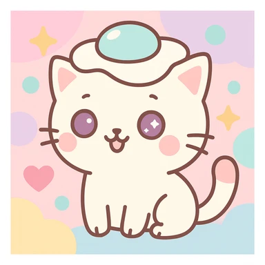 Add a playful, colorful background behind the cute cat with a fried egg hat, in kawaii style. sticker