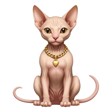 hairless Sphynx cat full body sitting, wearing a gold chain, winking sticker