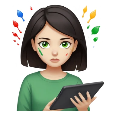 emoji holding and drawing on tablet using a stylus, looking down at screen in frustration, female, dark hair, green eyes, screen slightly visible with splashes of color like a paint palette  sticker