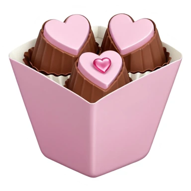 Two sharp-edged square milk chocolate pralines placed diagonally, each in a white fluted paper candy cup, with smooth glossy coating.
Flat thin pastel pink heart icing centered on top with subtle sugar crystal sparkle, clean studio lighting, pure white background, realistic minimal emoji-styleใ sticker