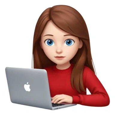 Emoji of a cute 3D girl with long brown hair and blue eyes, wearing a red sweater, focused working on a MacBook laptop, white background sticker