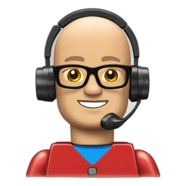 LEGO customer service bald men with headset with red shirt sticker