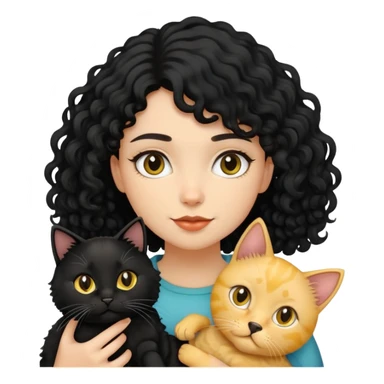A black long-haired girl holding a black cat, a yellow short-haired cat and a curly-haired dog sticker