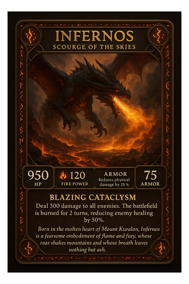 Make an epic role-playing card featuring a legendary fire-breathing dragon named Infernos, Scourge of the Skies. The card should display its stats: 950 HP, 120 fire power, and 75 armor that reduces physical damage by 25%. Highlight its special ability, Blazing Cataclysm—a fiery storm that deals 300 damage to all enemies and burns the battlefield for 2 turns, reducing enemy healing by 50%. The design should be ornate and collectible, with glowing ember accents, ancient dragon runes, and a dramatic illustration of Infernos flying over a scorched battlefield with molten lava and smoke. Add a lore-rich description: “Born in the molten heart of Mount Kuralon, Infernos is a fearsome embodiment of flame and fury, whose roar shakes mountains and whose breath leaves nothing but ash sticker