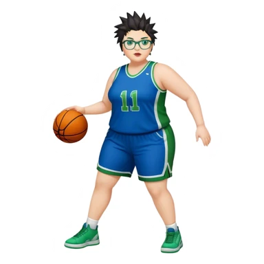 FULL BODY PLUS SIZE  WHITE women with DARK short hair SPIKEY HAIR and glasses playing basketball IN BLUE AND GREE UNIFORM NO WRITING sticker