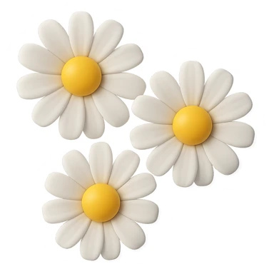 3D iOS-style daisies, realistic white petals, yellow centers, soft lighting, no background sticker