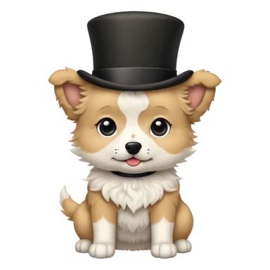 cute small tan and white dog with black nose, black round eyes, curly fluffy medium length hair, wearing a top hat sticker