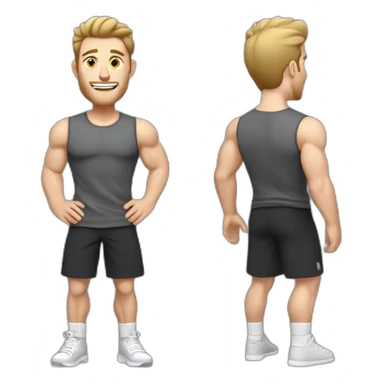 Full height Actively gesturing with hands Pale skinned Fit Man With the biceps, Bristle and light brown hair in dark gray Sleeveless Mike, black oversize sports shorts and white Sneakers sticker