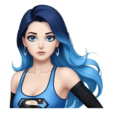 very very large chest-stunning beautiful face-black leggings-very long straight dark blue to light blue ombre hair-and-blue eyes-a lot of black eyeliner-thick long eyelashes-sky blue low cut tanktop with glitter superman logo-no gloves-silver hoop earrings sticker
