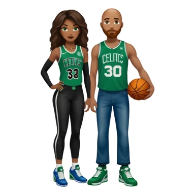 black woman and white man: 48-year-old black woman with brown eyes, long dark brown balayage hair dressed in sexy 
celtics jersey costume outfit and stilettos with bald white man with Ginger beard and blue eyes, in a Jason Tatum Boston Celtics Jersey, jeans and matching Nike sneakers  sticker