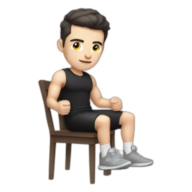 Pale skinned Fit Man With the biceps and dark brown hair in black shirt, gray sports shorts and white Sneakers Sitting on a chair sticker