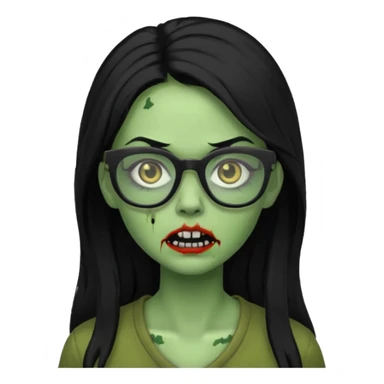 crie um emoji de zumbi feminino, com pele verde, óculos preto e cabelo longo preto sticker