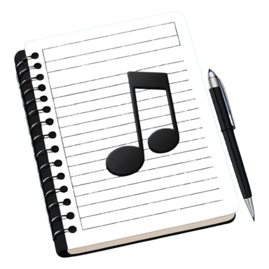 Minimalistic flat vector icon, iOS style, thin black contour on white background. Small notebook with a musical note on the cover, a pen placed next to it. Clean, modern, no text, no shadows. sticker