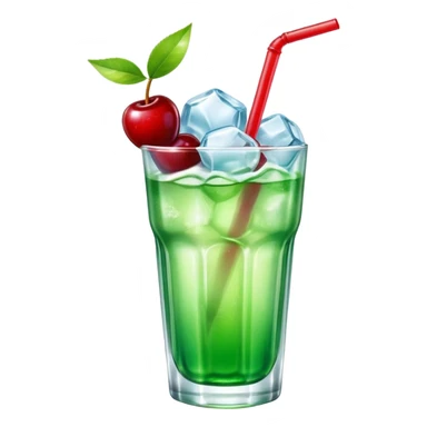 Create an emoji with a very clear rounded glass and ice, bright transparent green soda , a smooth vanilla scoop circle shape, a glossy red cherry, using vibrant colors, soft shading, and clear glass highlights.
 sticker