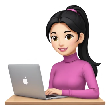a woman with long sleeve turtle neck top and smile, her hair is long black pony tail, her eyes color are black and the color of her lip is soft pink with apple notebook (macbook). her jab is digital designer. sticker