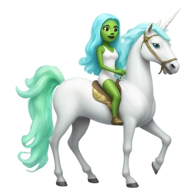 [(a light green amazon alien woman with blue eyes) on a (four-legged white unicorn)] sticker