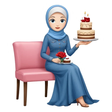 Turkish beautiful finish Konya girl blue eyes with denim hijab long tail dress and sits on the modernized coffee house on a white chair and holds rose cake with her hand  sticker